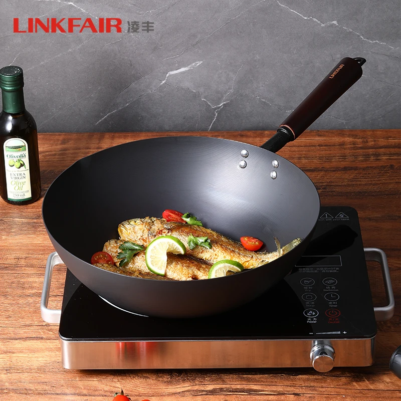 LINKFAIR/凌丰和匠系列无涂层铁锅炒锅家用炒菜不粘锅平底锅熟铁