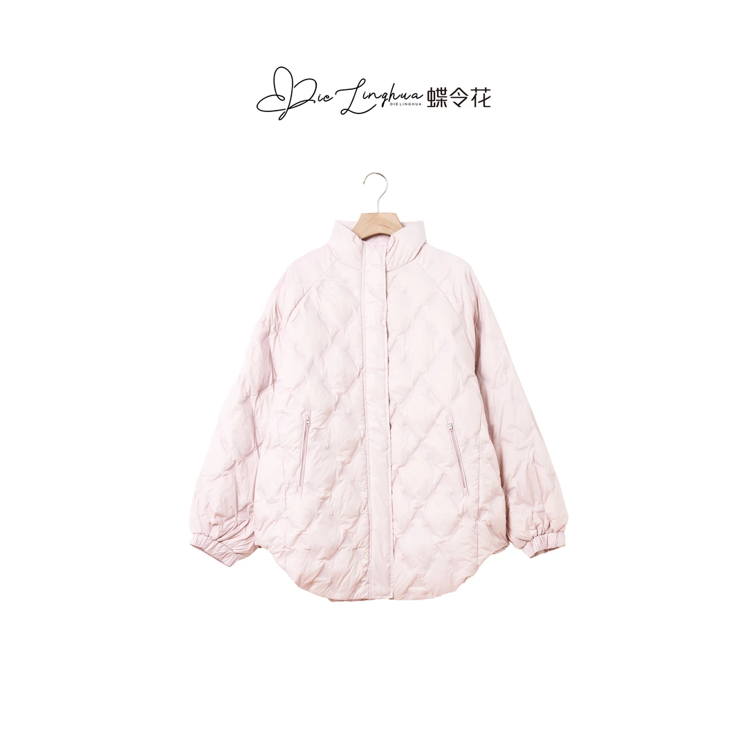 蝶令花秋冬季轻便菱形纹时尚休闲宽松纯色长袖保暖羽绒服8256