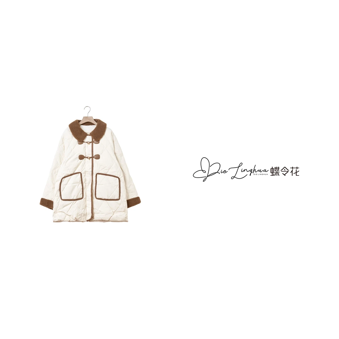 蝶令花秋冬季绒绒领皮对扣气质轻奢时尚宽松休闲中长款羽绒服6606