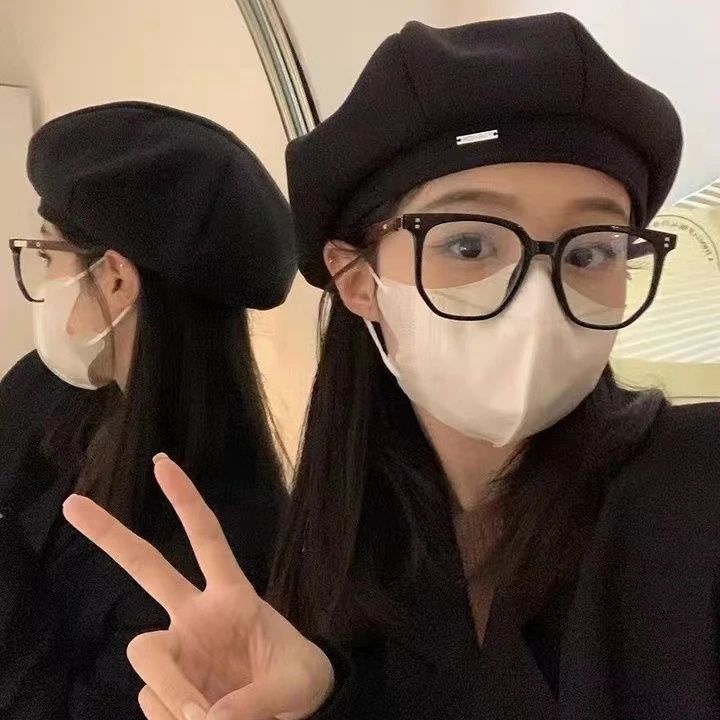 女秋冬八角贝雷帽帽子冬季画家贝雷帽黑白复古欧若假日风新款舞蹈