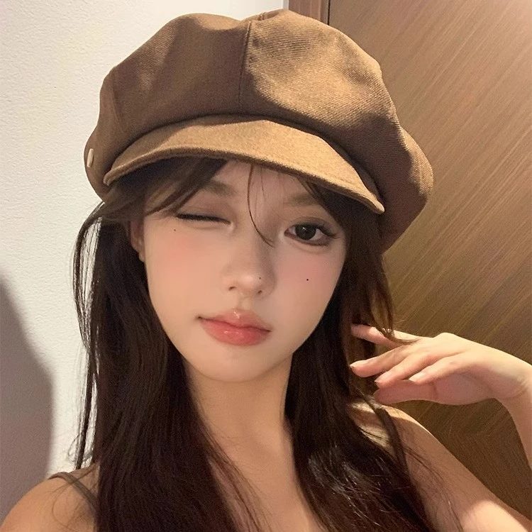 简约鸭舌帽贝雷帽女春秋日系复古百搭八角帽大头围显脸小画家帽子