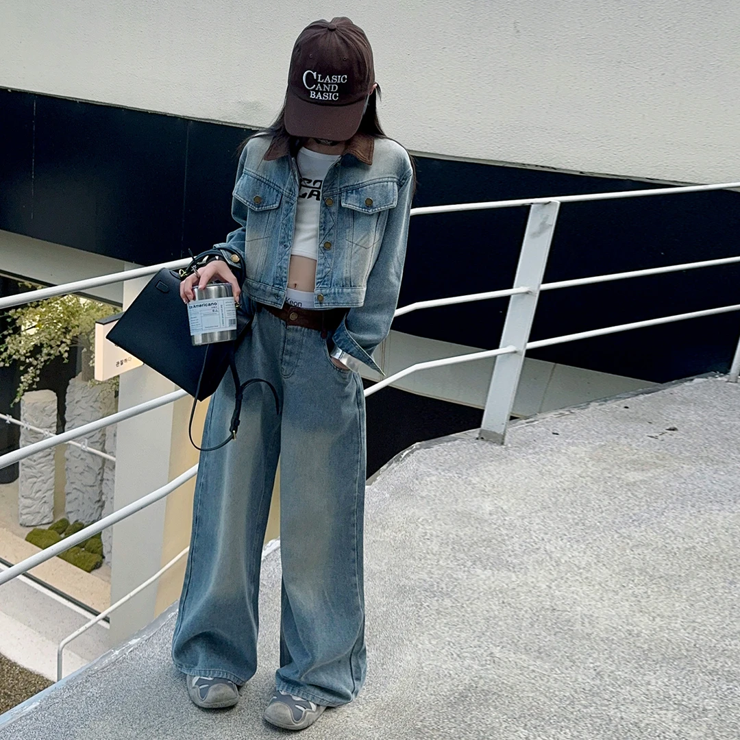 女童牛仔套装2024中大童新款复古牛仔外套时尚宽松阔腿裤两件套潮