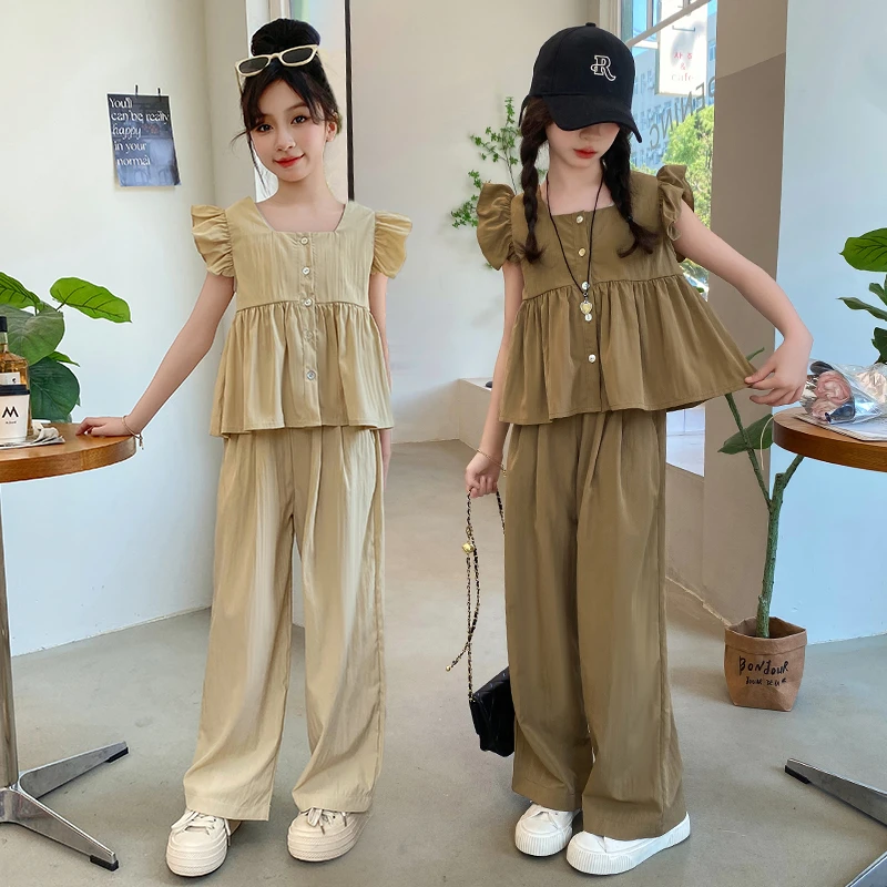 女童夏季套装2024新款中大童女孩冰丝山本小飞袖时髦洋气两件套潮