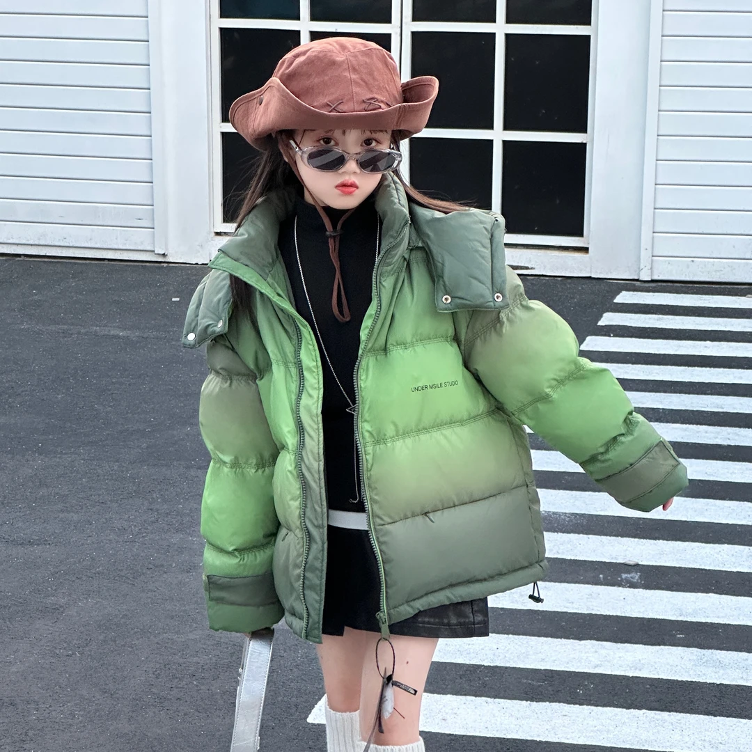 儿童羽绒服冬季新款韩版渐变色男女儿童中长款加厚洋气白鸭绒外套