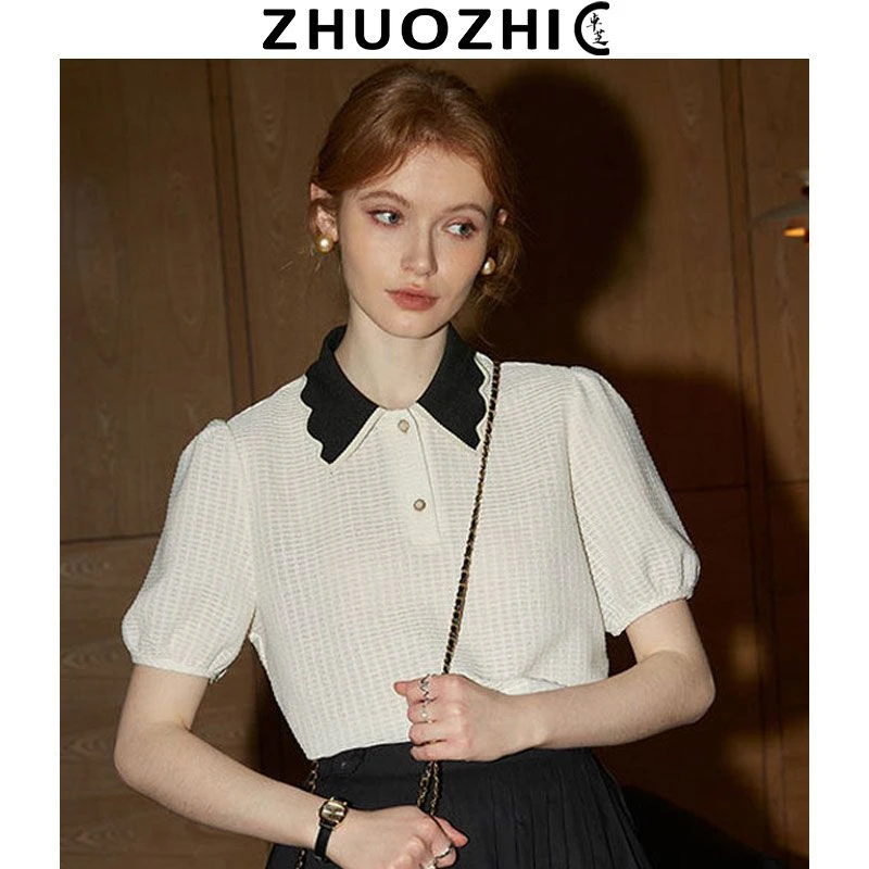 法式复古polo领短袖T恤女2024夏季新款休闲宽松显瘦气质小衫上衣