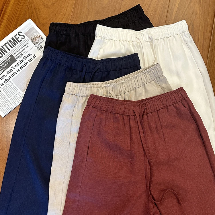 高品质莱赛尔天丝亚麻松紧腰阔腿裤女九分裤直筒宽松亚麻休闲裤