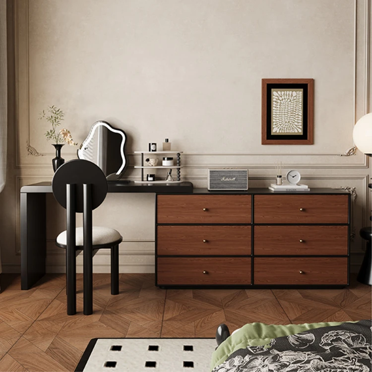 梳妆台卧室复古风实木化妆桌胡桃木中古风梳妆台斗柜一体