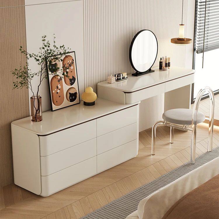 奶油风梳妆台收纳柜一体卧室奶油风转角床尾斗柜伸缩化妆桌实木