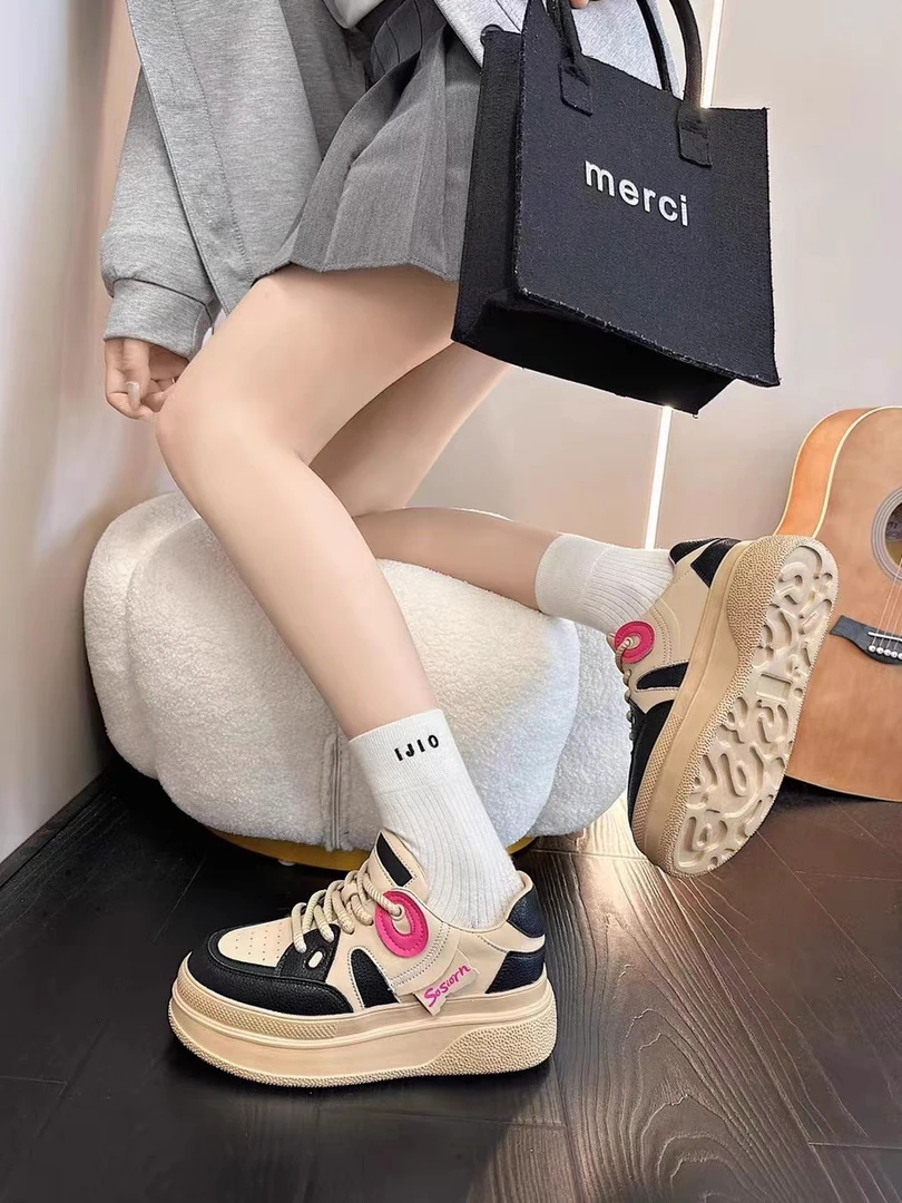 网红拼色熊猫小白鞋女鞋2023秋季新款松糕厚底小个子增高板鞋