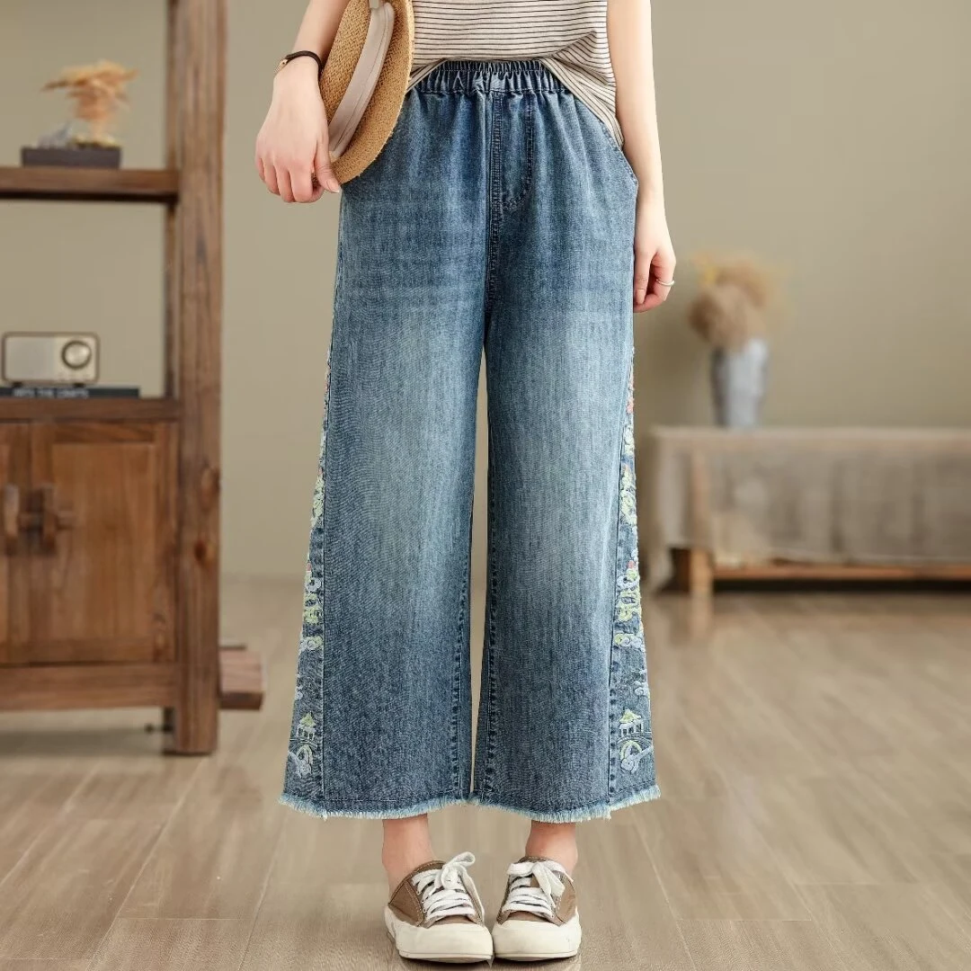 民族风刺绣毛边松紧牛仔裤宽松薄款夏季百搭阔腿裤女装