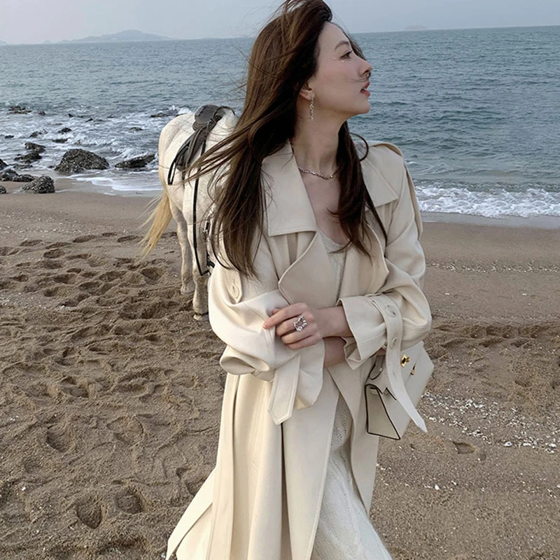 【F67】2024米白色韩版风衣女新中长款小众英伦风气质纯色春秋外套