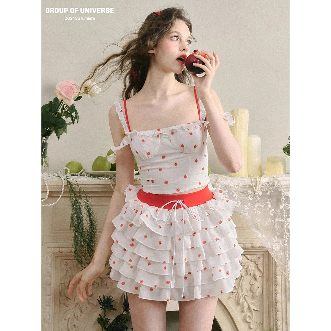 银河万岁 “糖渍小番茄”miu系原创手绘上衣蛋糕裙碎花法式夏季