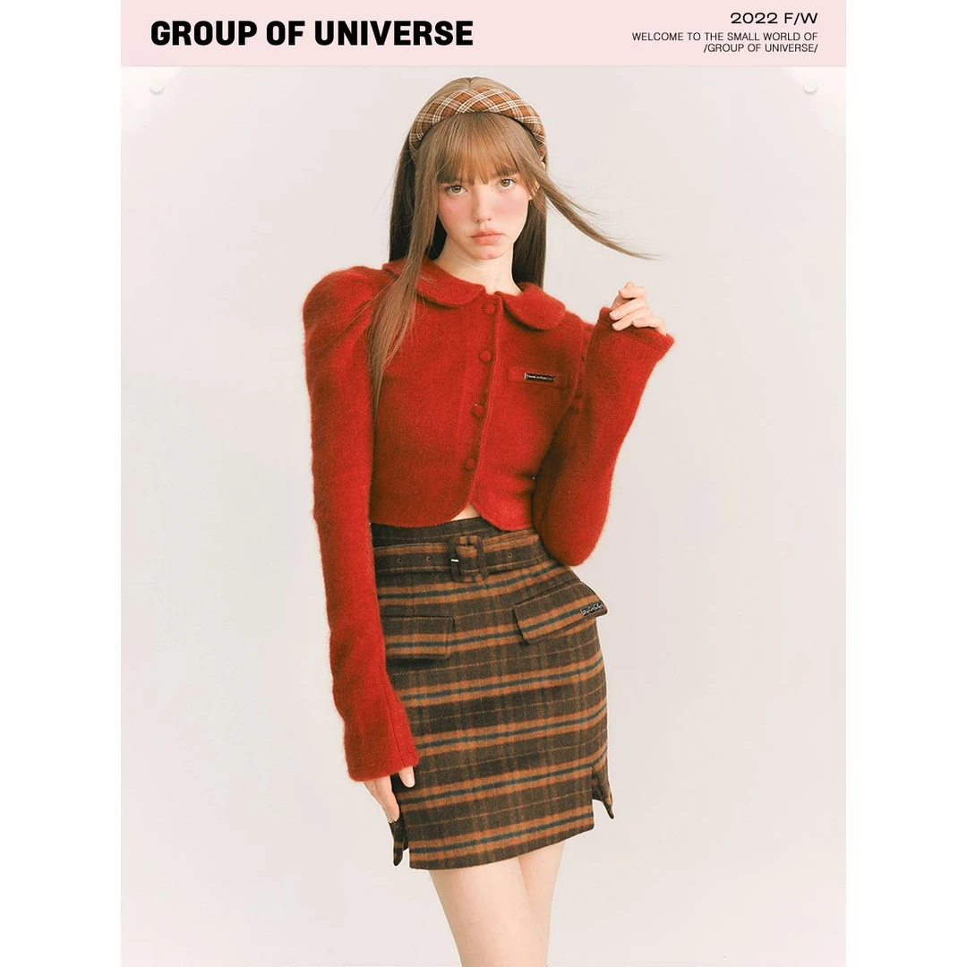 GROUP OF UNIVERSE/银河万岁拼接咖色短裙格子毛呢半身裙冬