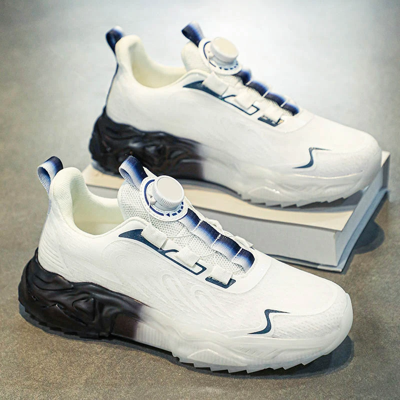 春季新款透气网面运动鞋男旋转纽扣免系鞋带软底休闲青少年跑步鞋