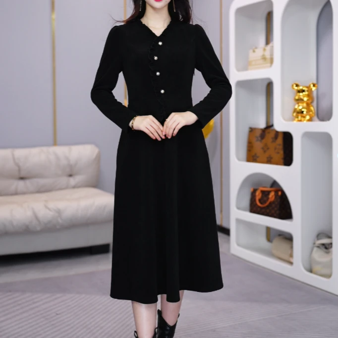 过膝女装时尚收腰黑色气质修身中长款打底秋冬长袖洋气秋季显瘦