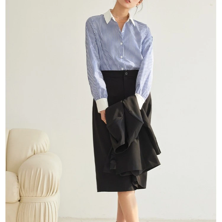 蓝色条纹衬衫女长袖撞色拼接立领职业女士百搭衬衣613D