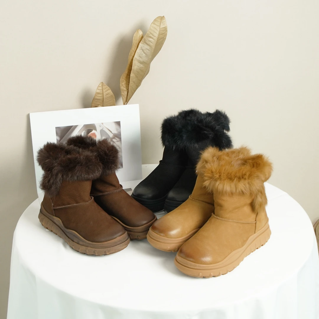 续吉出品5389｜冰天雪地｜丑牛皮厚底雪地靴内增高女靴加绒短靴女鞋