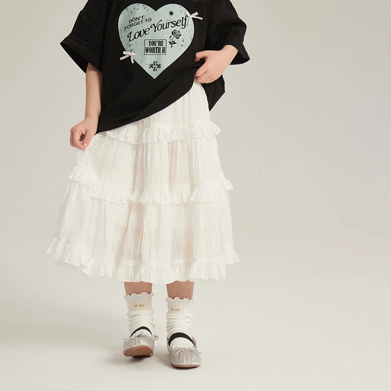 2025春夏新款女童白色长款半身裙女孩法式甜美荷叶边蛋糕裙