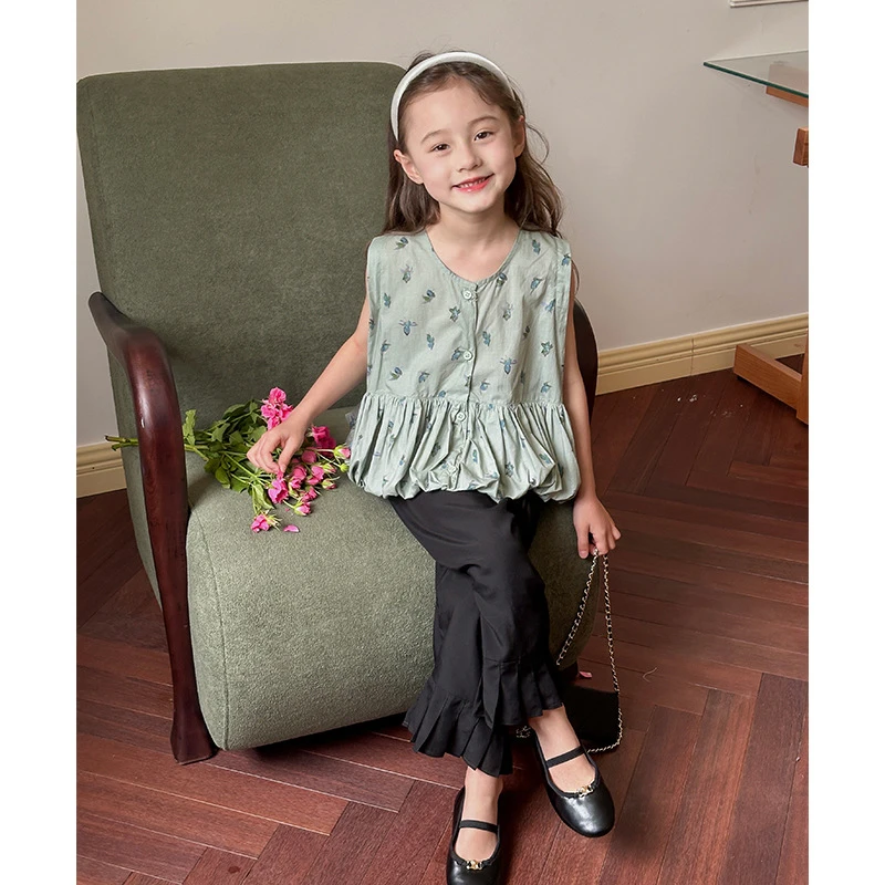 盼妈~女童森系花苞背心娃娃衫女孩洋气无袖上衣+黑色花边直筒裤