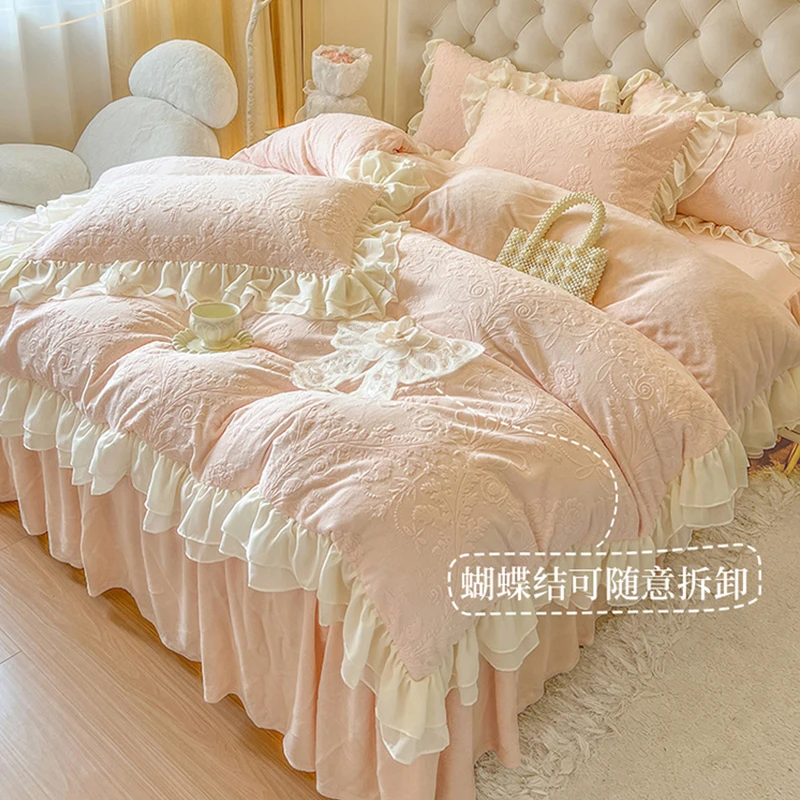 冬季公主风加厚牛奶绒四件套床裙款加绒被套雕花蝴蝶结珊瑚绒床品