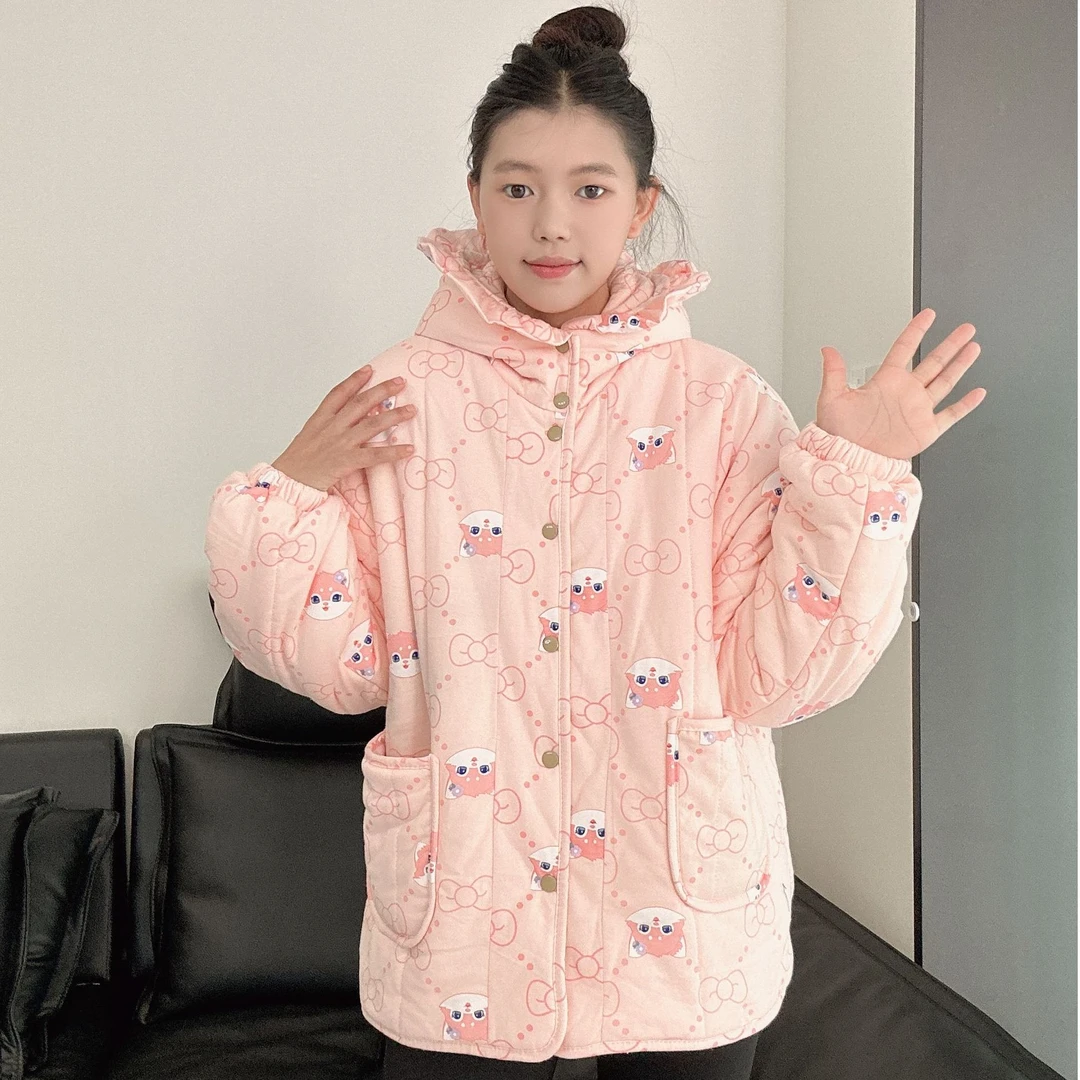 JIUIYUE新疆棉【粉色狐狸】花边帽半大款家居服棉衣棉服宽松连帽叁