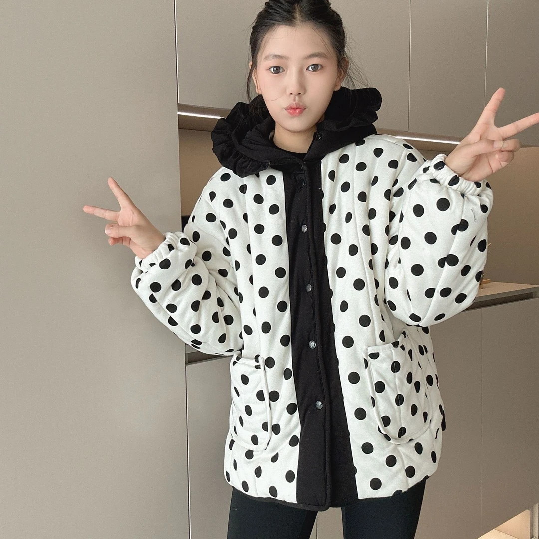 JIUYUE新疆棉【白底波点】花边帽半大款家居服保暖棉衣棉服女省服叁