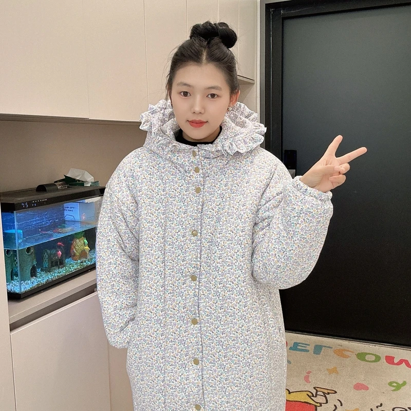 新疆棉花【花开半夏】花边帽直筒大长款宽松家居服女保暖棉衣棉袄