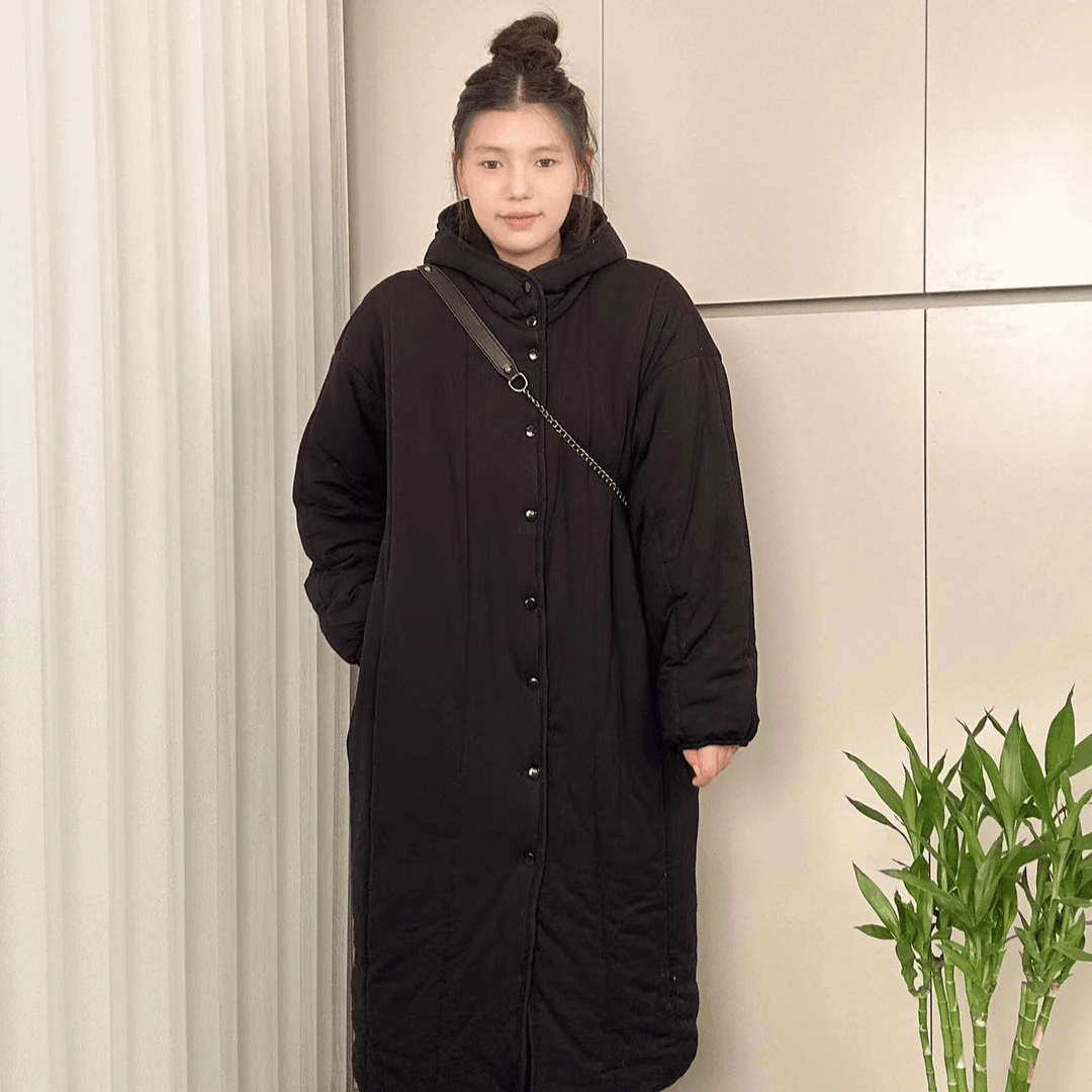 JIUYUE新疆棉花【纯黑色】连帽直筒大长款家居国风棉袄女款加绒加厚