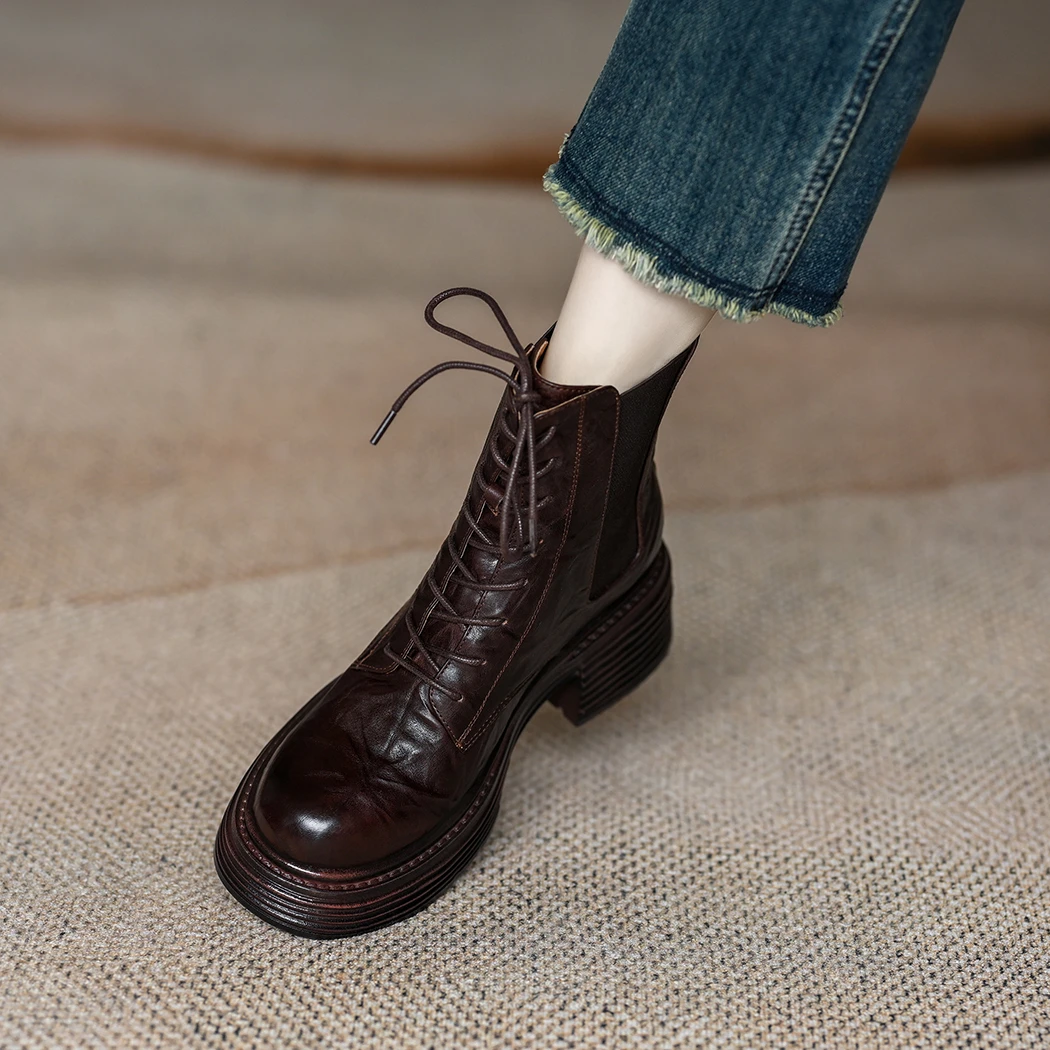 高跟马丁靴女2025春季牛皮系带英伦风厚底小个子粗跟短靴