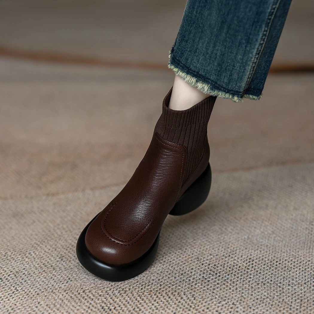高跟弹力靴女新款秋软羊皮小个子鞋子增高厚底粗跟圆头短靴百搭