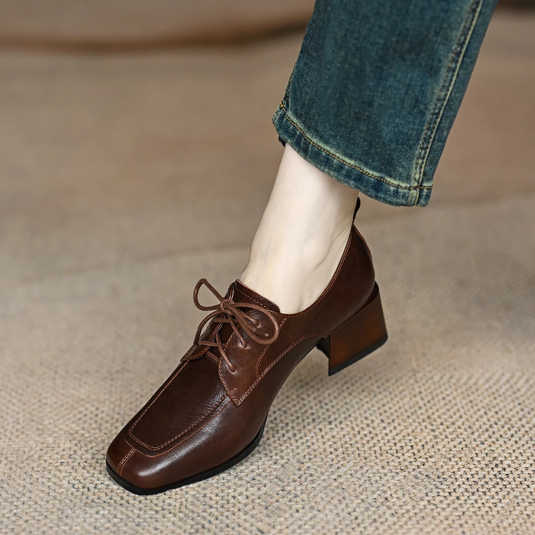 M先生 粗跟单鞋女2025春秋女简约中跟方头英伦风系带真皮小皮鞋