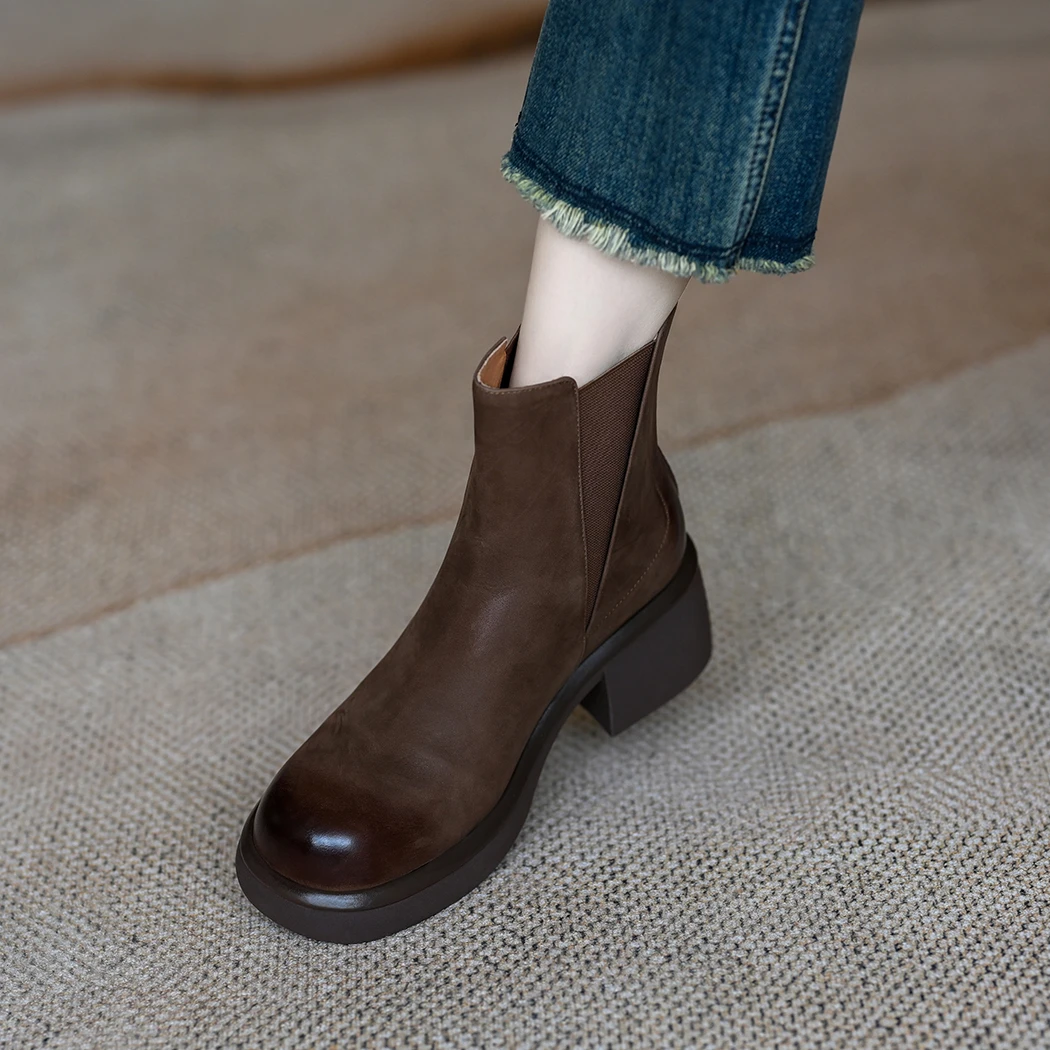 粗跟烟筒靴女2025春季厚底高跟切尔西靴圆头磨砂牛皮短靴