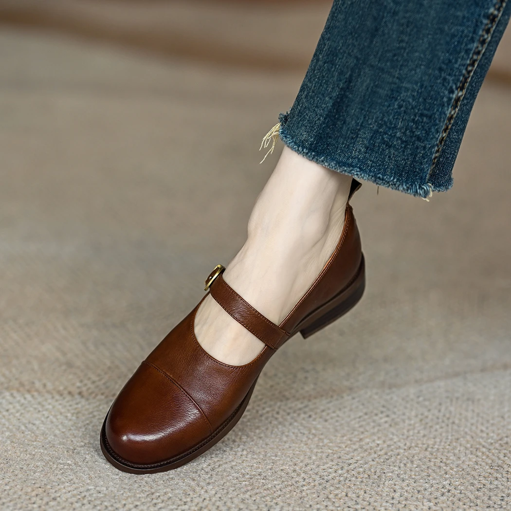 法式中跟单鞋女鞋子牛皮圆头通勤低跟浅口一字扣带玛丽珍鞋百搭