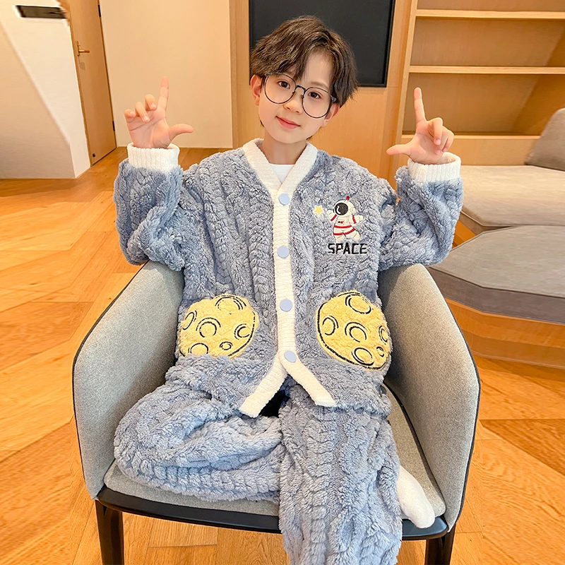 YUZHAOLIN/俞兆林冬季2025卡通加绒加厚款珊瑚绒男童开衫睡衣套装