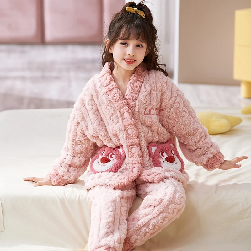 YUZHAOLIN/俞兆林加绒加厚珊瑚绒儿童款睡衣秋冬季女童公主风套装