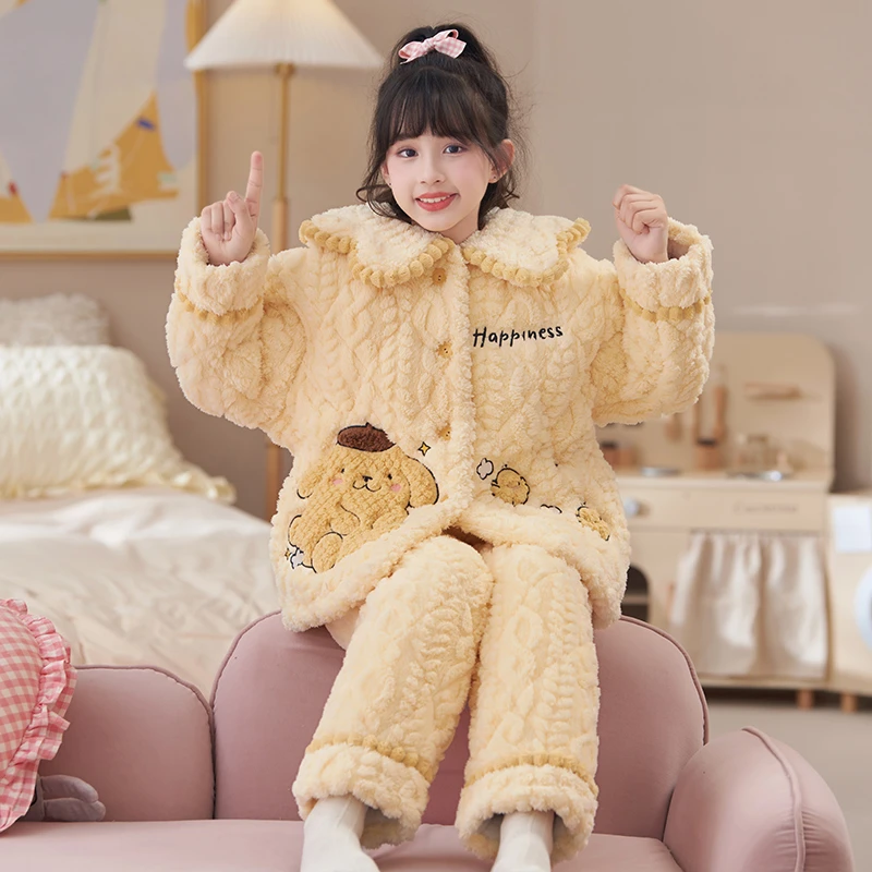 YUZHAOLIN/俞兆林加厚可外穿珊瑚绒三层夹棉女童时尚卡通睡衣套装