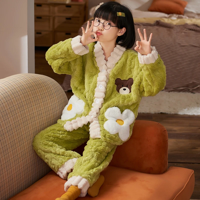 YUZHAOLIN/俞兆林冬季珊瑚绒加绒加厚款家居服小女孩开衫睡衣套装