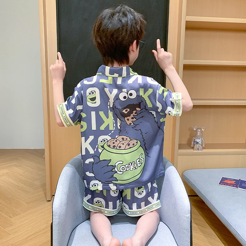 YUZHAOLIN/俞兆林夏季2025新款男孩中大童卡通冰雪丝睡衣套装薄款