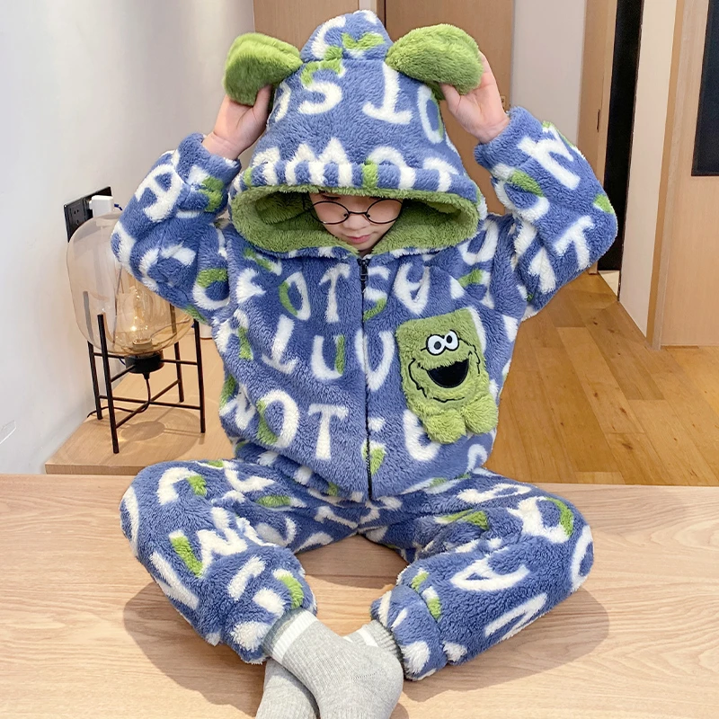 YUZHAOLIN/俞兆林珊瑚绒加绒加厚卡通连帽拉链开衫家居服睡衣套装