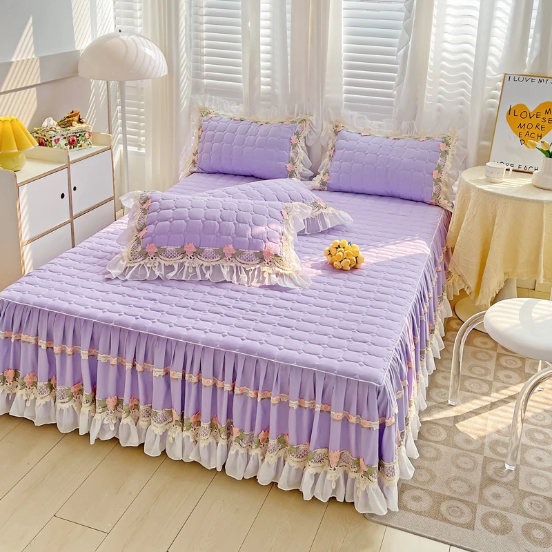 韩版蕾丝公主风夹棉床裙床罩单件花边防滑罩床1.8床罩套纯色加厚
