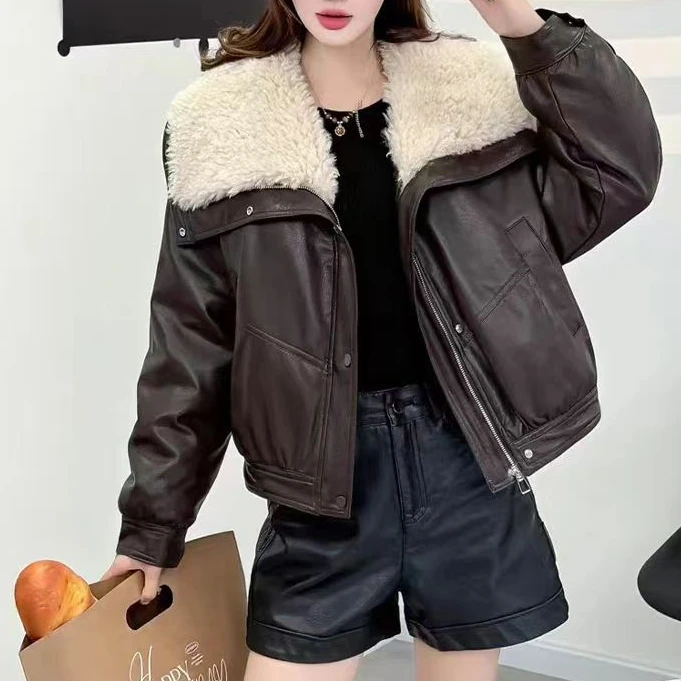 时尚休闲领皮衣外套