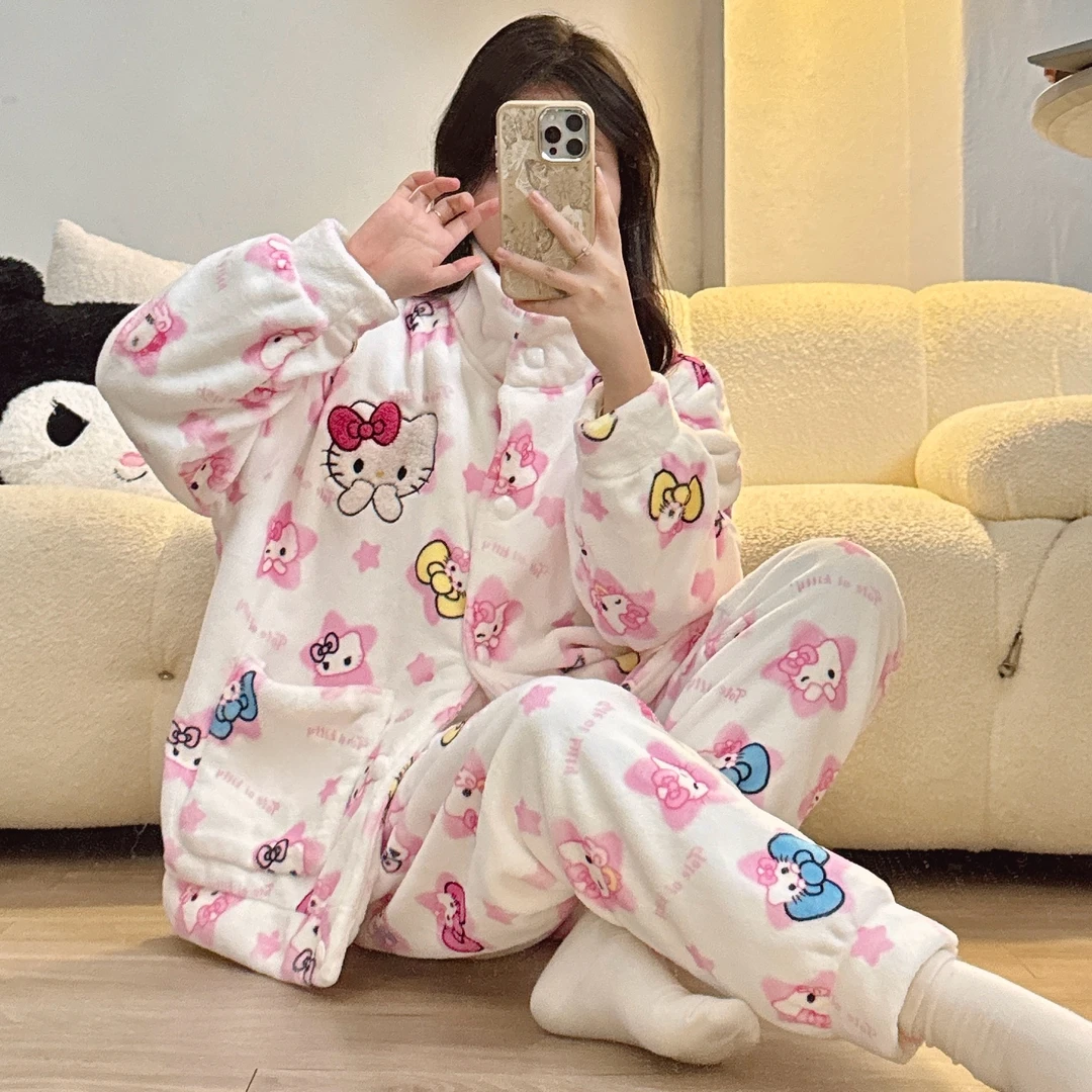 KT猫睡衣女冬季珊瑚绒加绒加厚外穿家居服可爱保暖宽松少女两件套