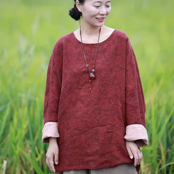 红莲 红茶/听花香原创  春秋 亚麻印花双面穿宽松休闲T恤文艺禅意