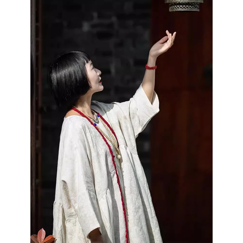 昙花/听花香原创雨露麻中长款宽大T恤早秋小众慵懒上衣春夏汉元素