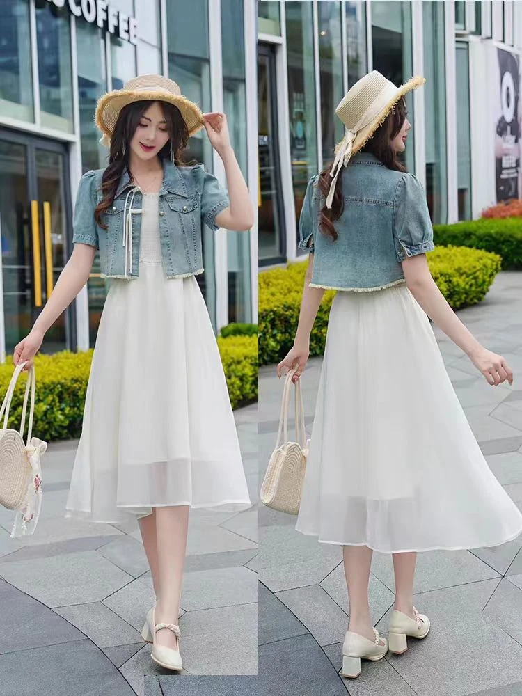 6330#时尚显瘦气质复古中国风牛仔外披+吊带连衣裙套装