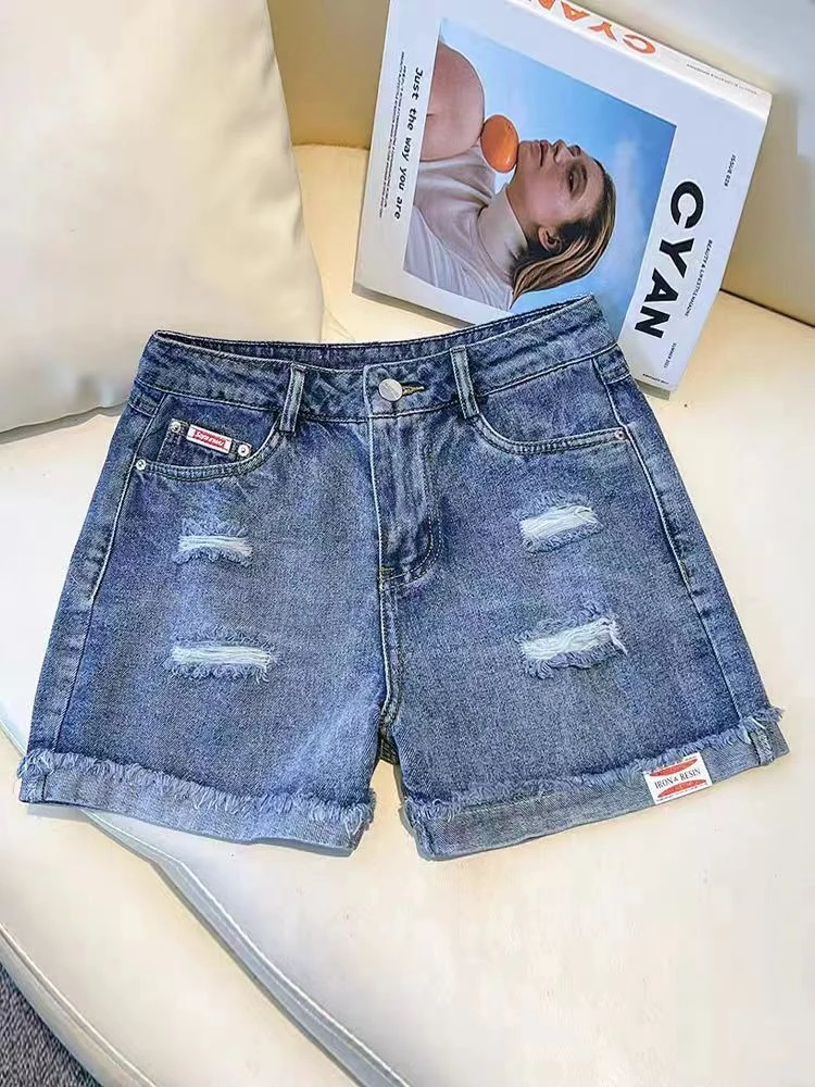 566#夏季高腰显瘦休闲百搭潮流破洞牛仔裤