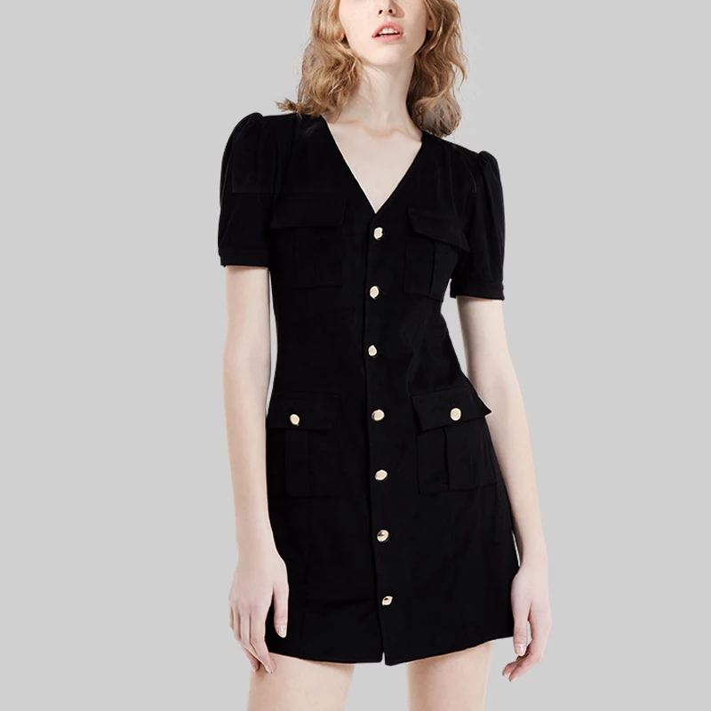 优雅气质黑色法式V领连衣裙女2025年夏装新款修身显瘦设计感A字裙