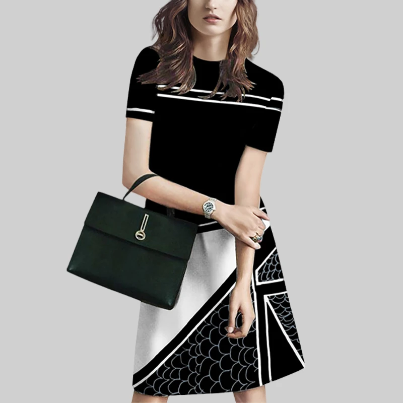 设计感撞色印花连衣裙女2025年夏季新款复古气质休闲短袖A字裙潮