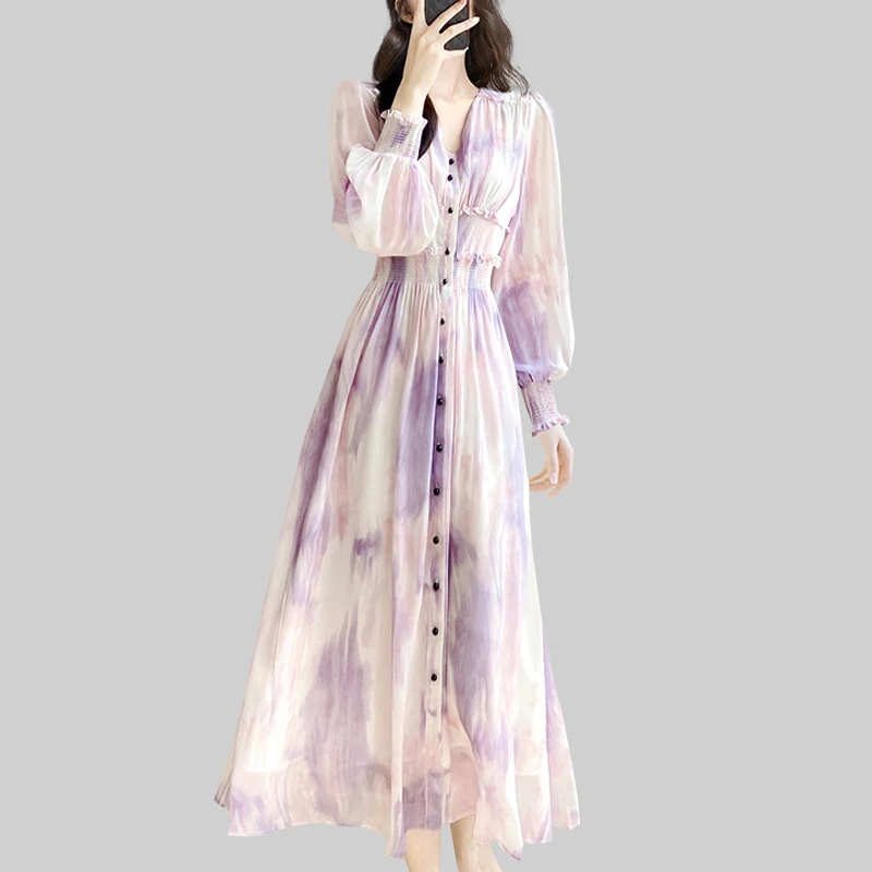蓝色扎染温柔高级连衣裙女2025年秋装新款茶歇法式温柔甜美仙女裙