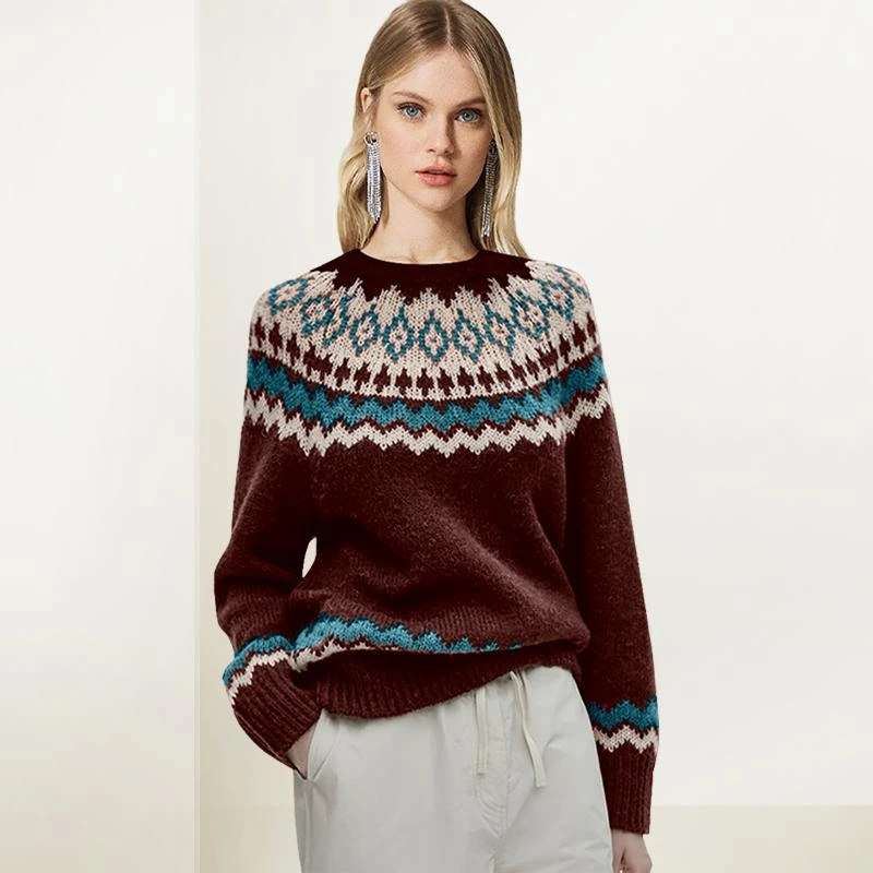 法式拼色条纹针织衫女2025年冬装新款圆领百搭外套打底套头毛衣潮